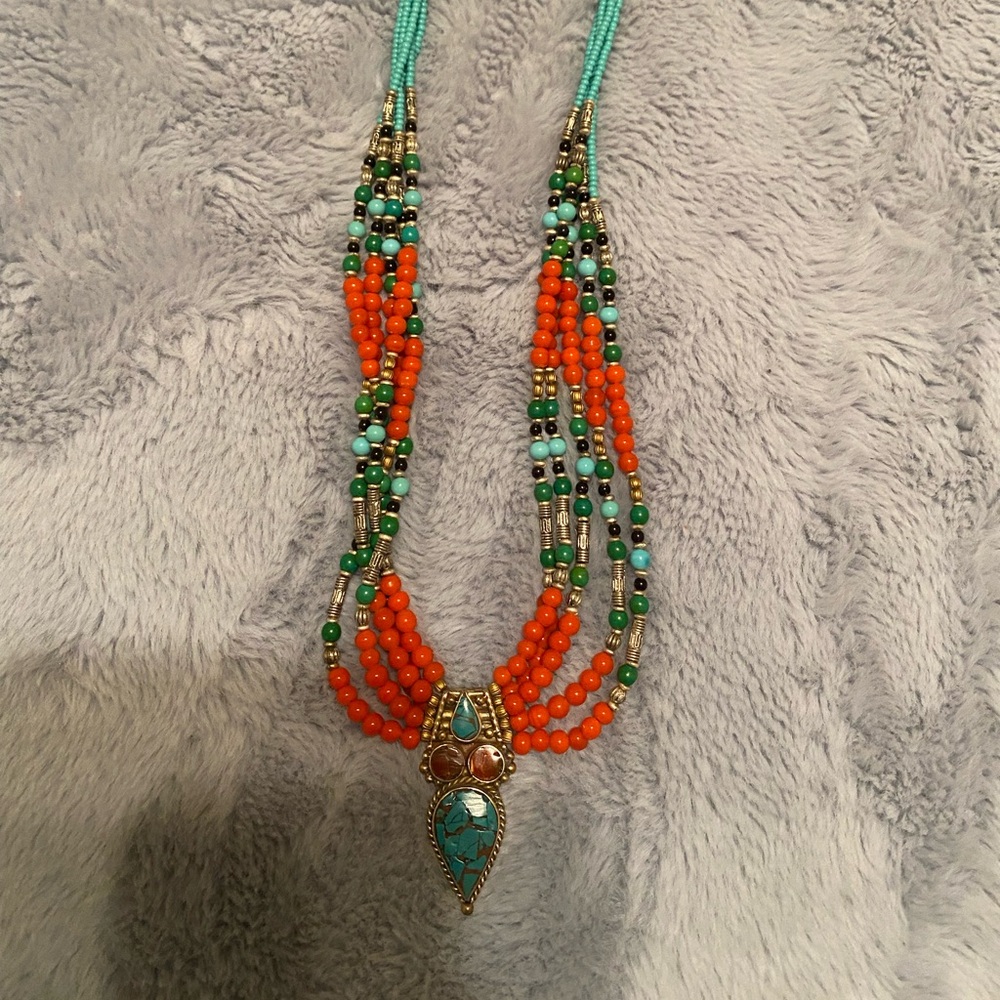 Turquoise, Coral and Jade necklace